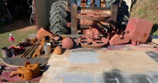 Parts of the engine laid out on the !workbench